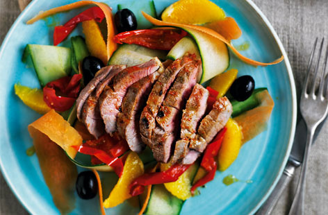 This dish is as tasty as it is colourful. Lamb steak simply grilled, on a bed of cucumber, carrot, orange and red pepper.